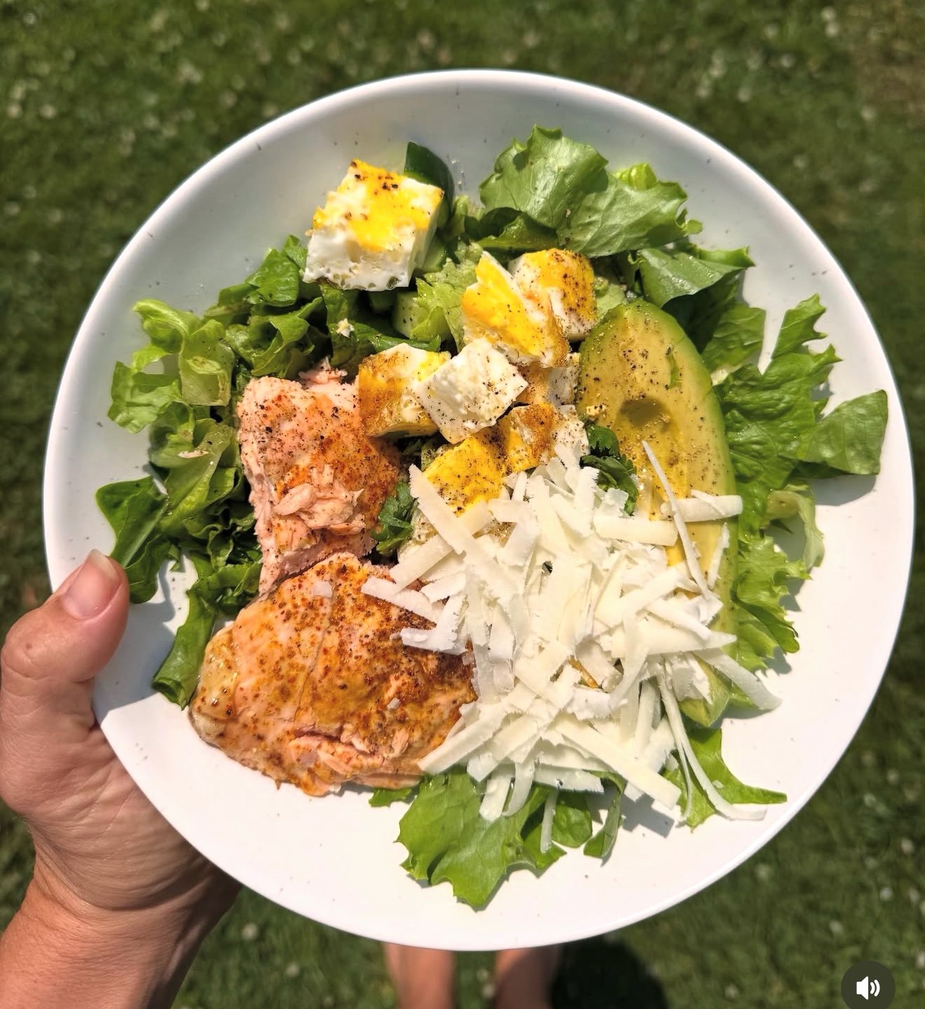 Fresh salad with salmon, greens, avocado, and eggs